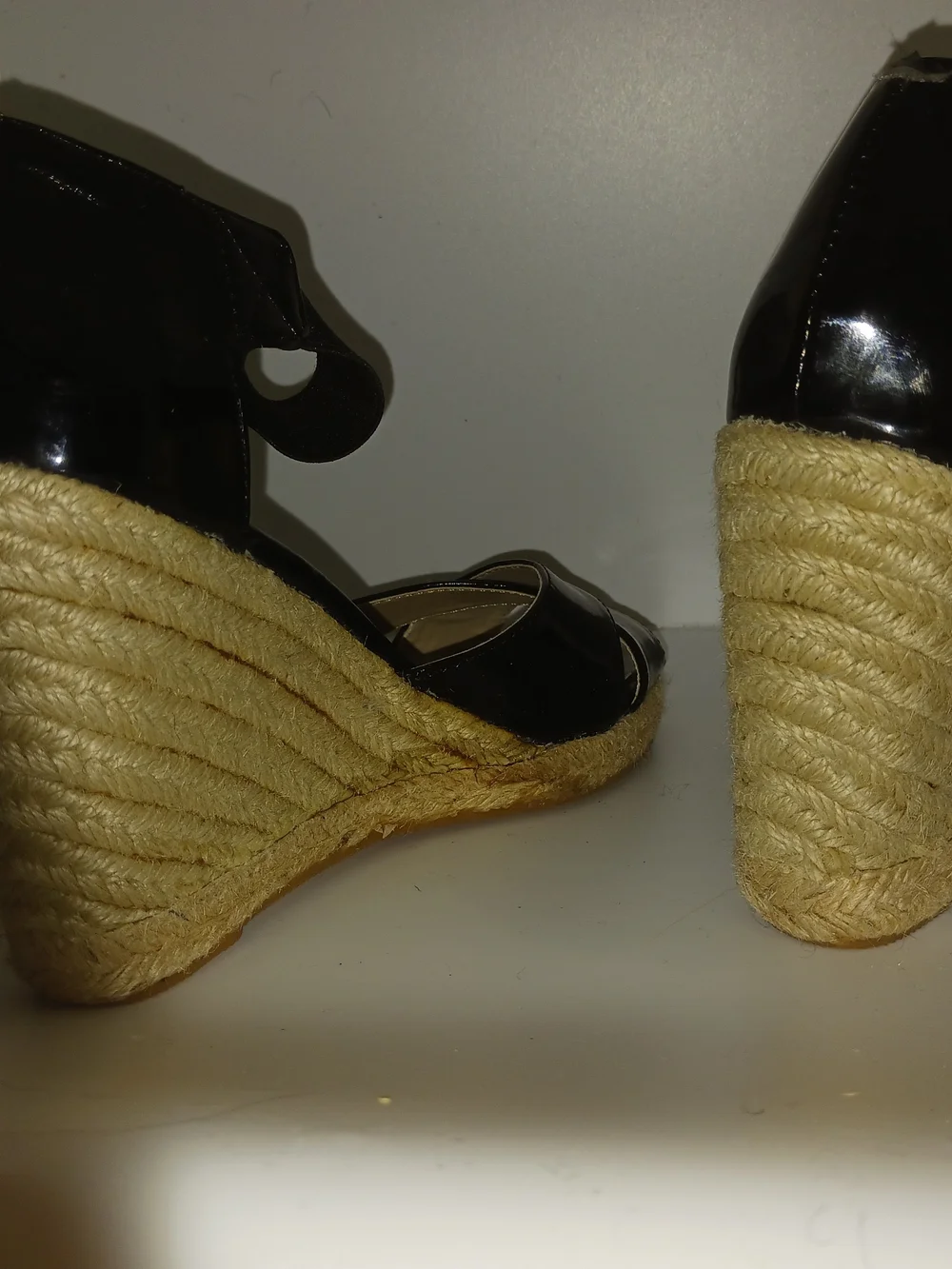 Adrienne Vittadini Black Patent Espadrille Wedge Sandals